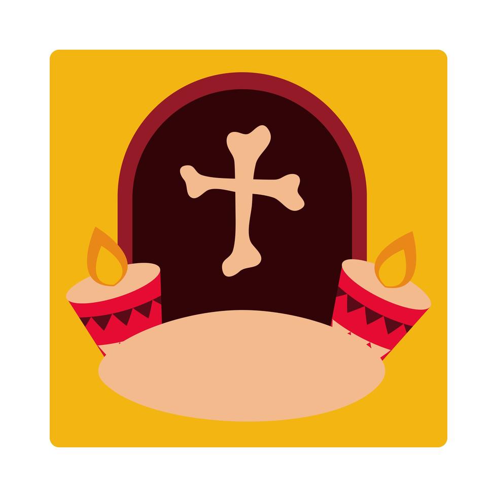 day of the dead tombstone cross and burning candles mexican celebration icon block and flat vector