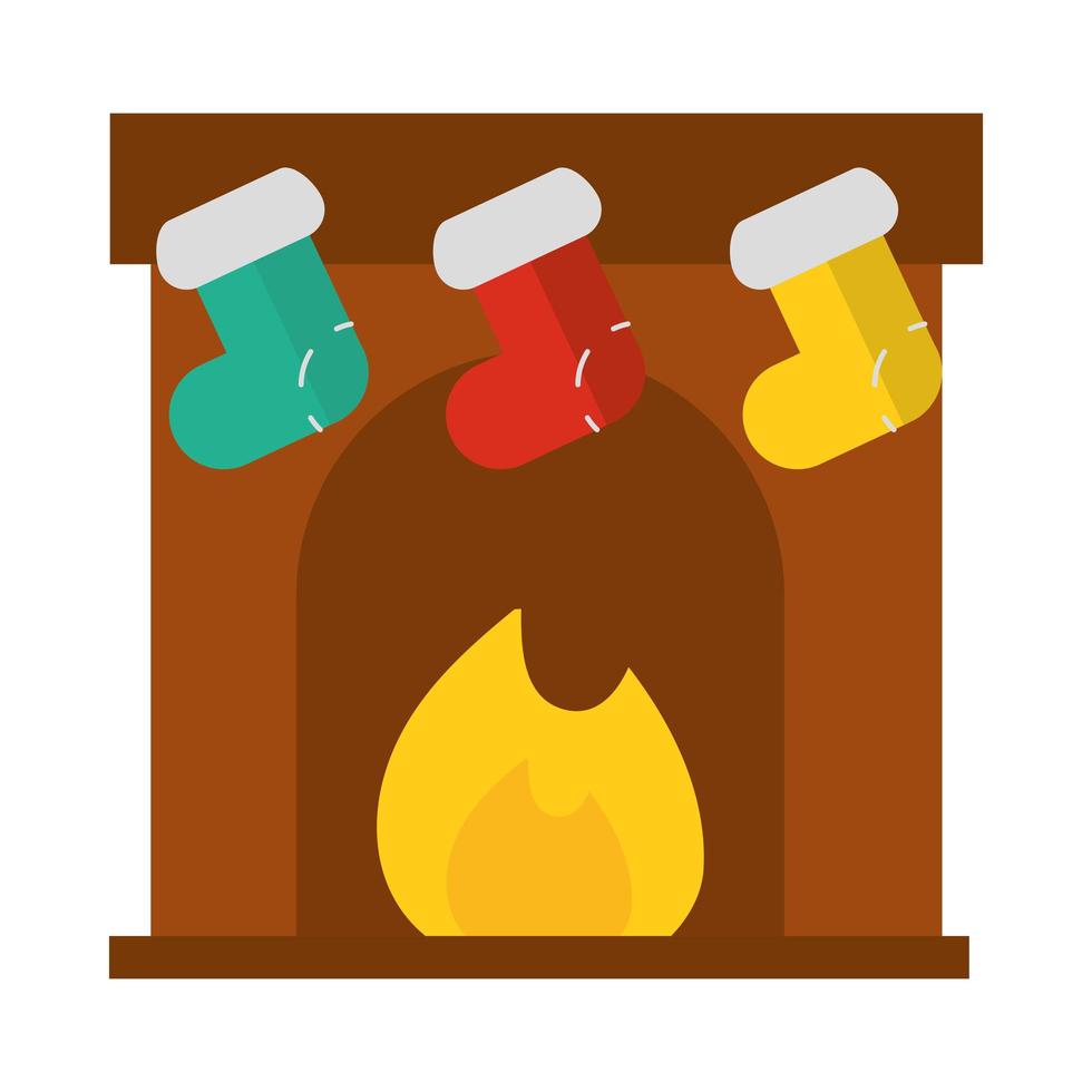 happy merry christmas burning chimney with socks decoration celebration festive flat icon style vector