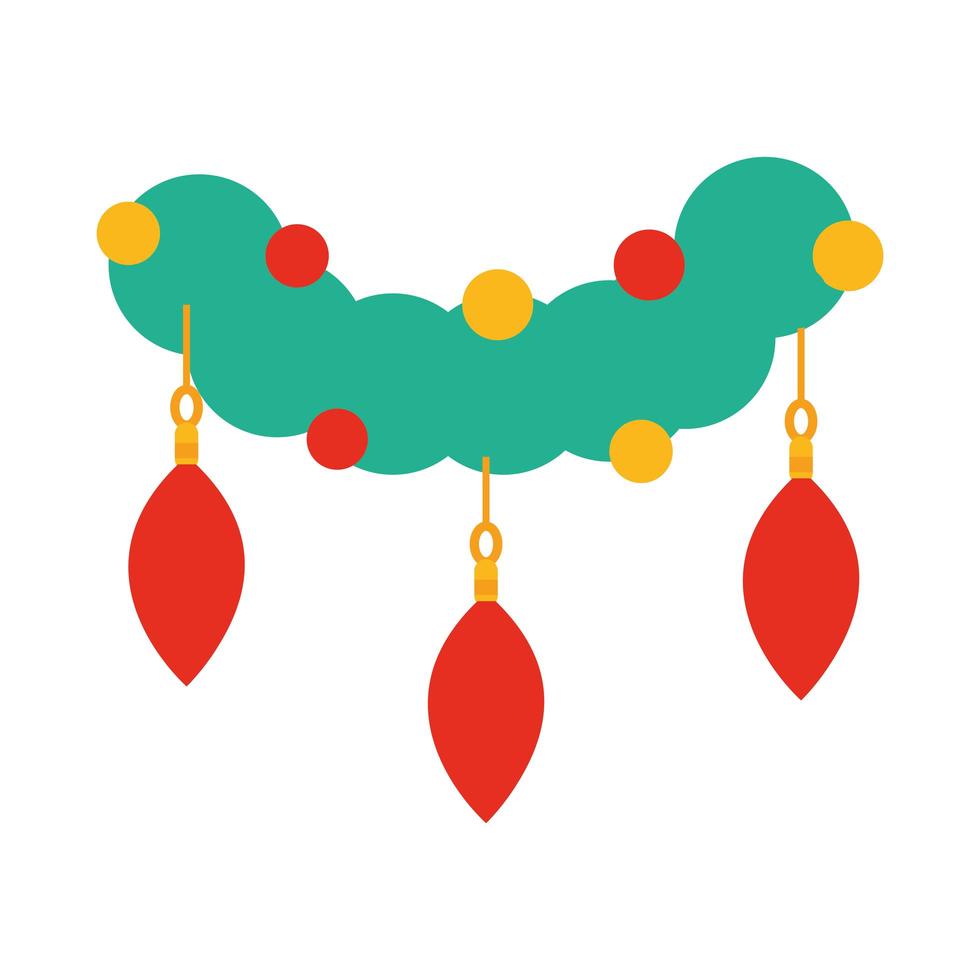 happy merry christmas wreath with balls decoration celebration festive flat icon style vector