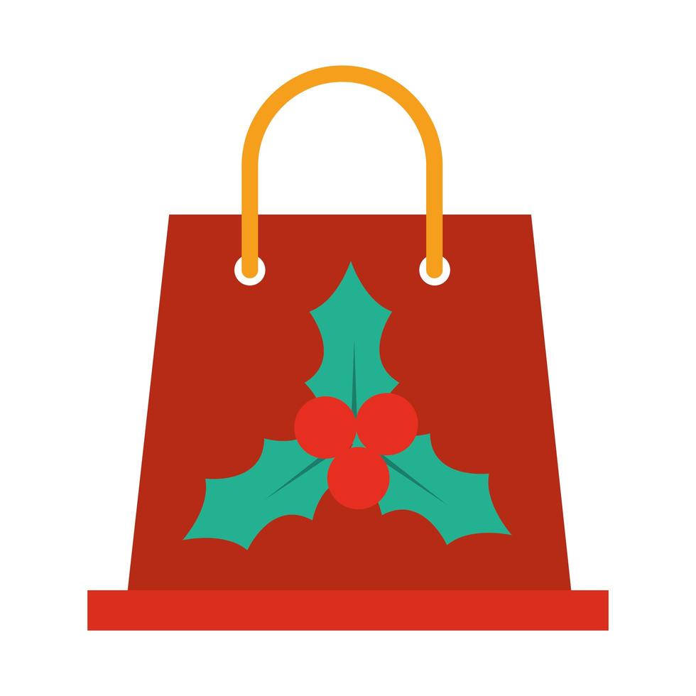 happy merry christmas shopping bag with mistletoe berries celebration festive flat icon style vector