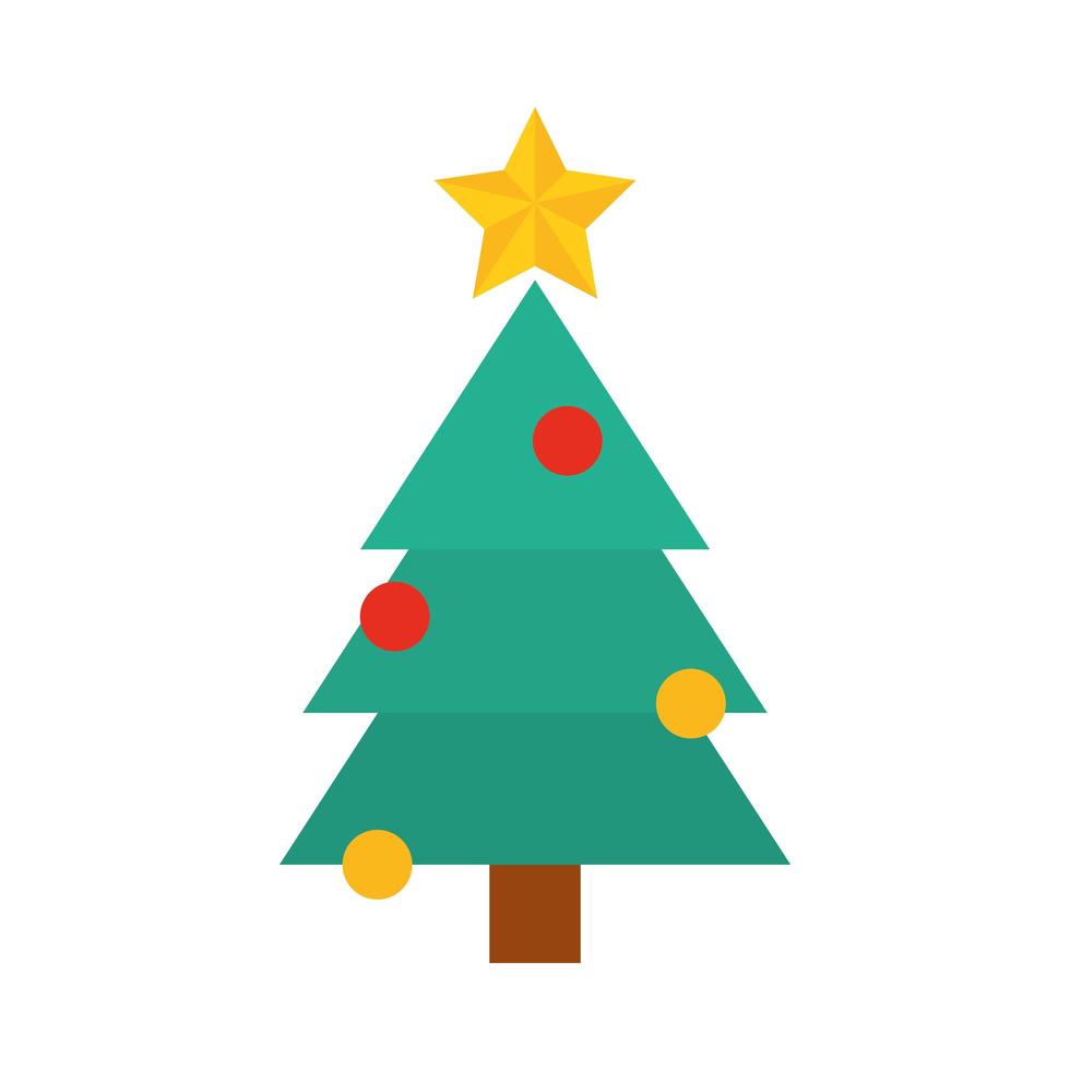 happy merry christmas pine tree with star and balls decoration celebration festive flat icon style vector