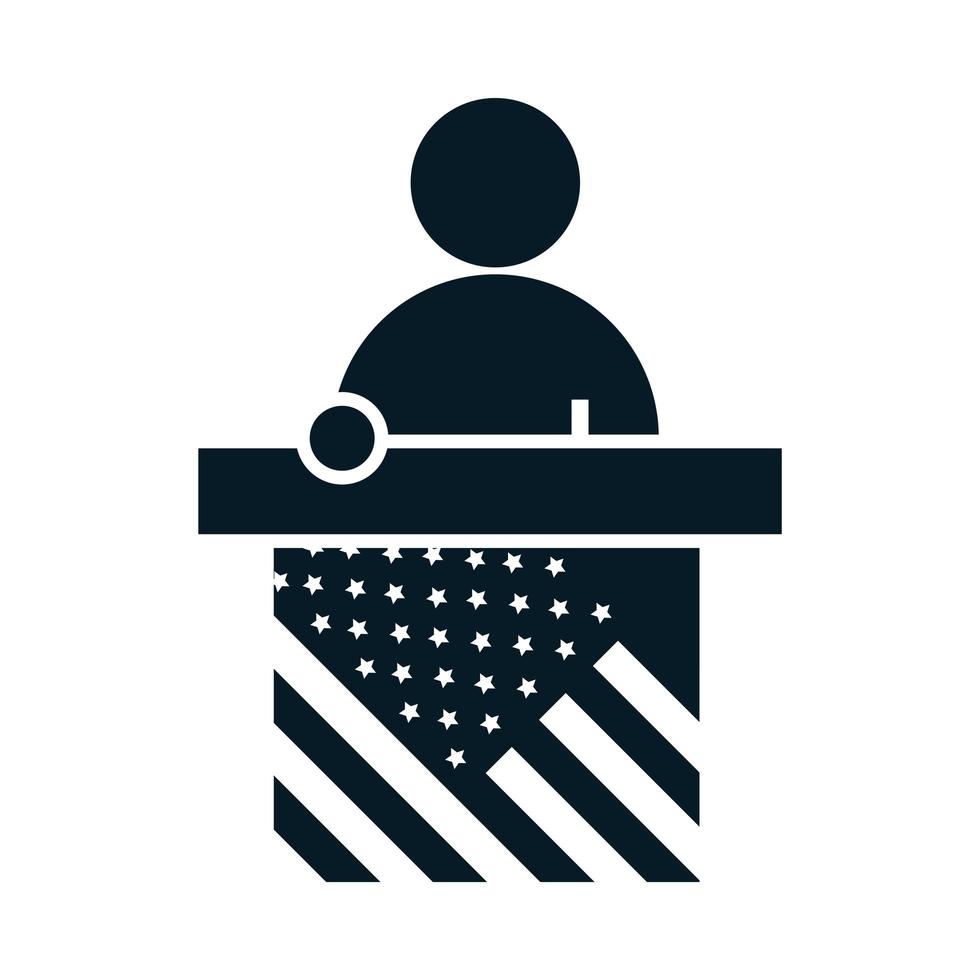 Elecciones de Estados Unidos que habla candidato en el podio diseño de icono de silueta de campaña electoral política vector