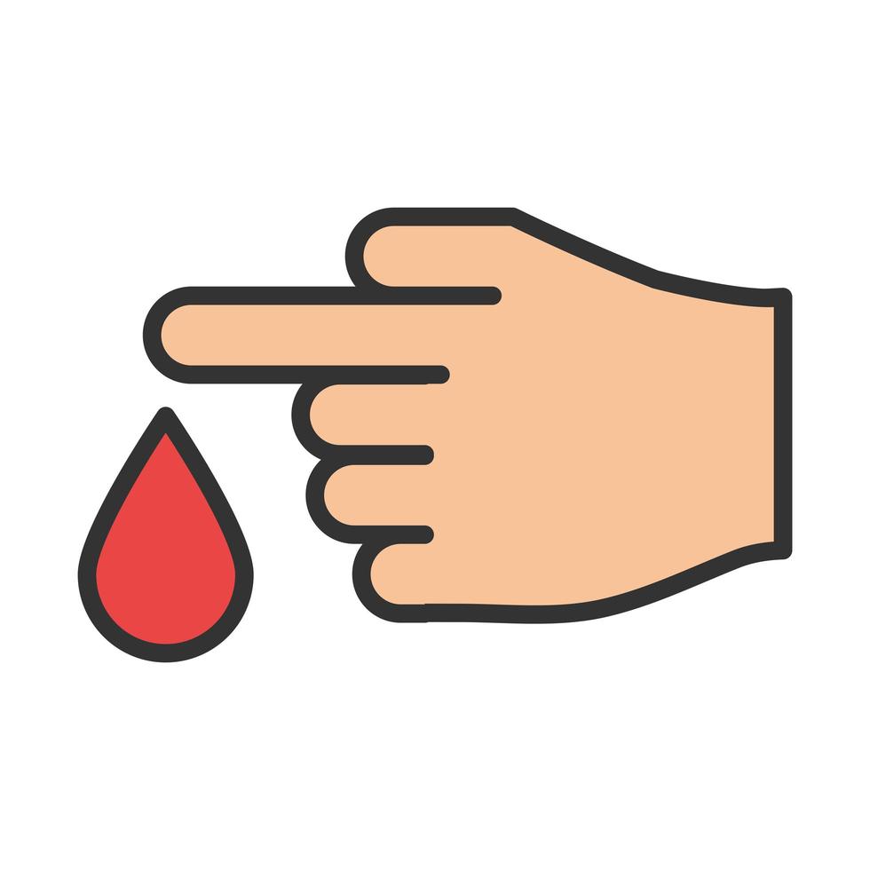 donación de mano con gota de sangre línea médica y relleno vector