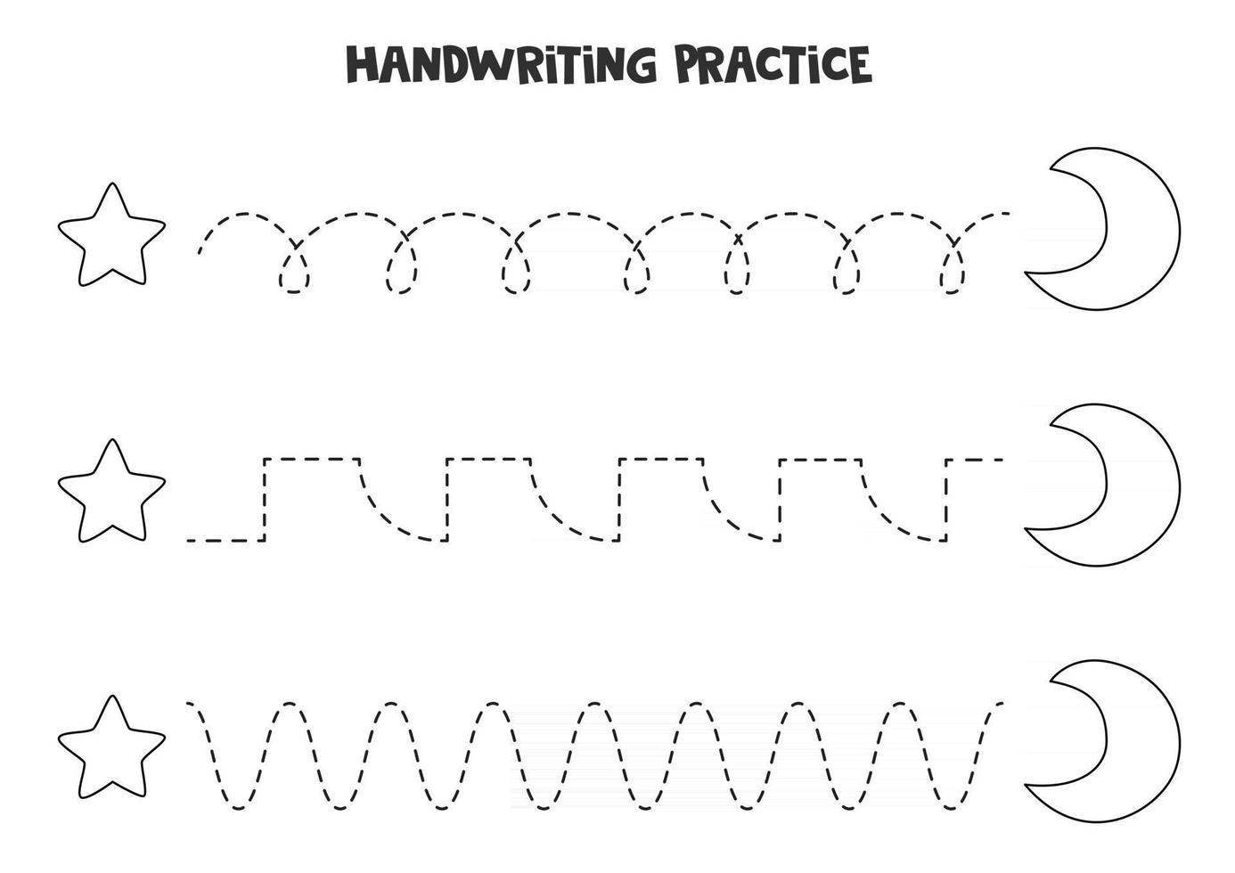 Tracing lines with black and white crescent and star Writing practice vector