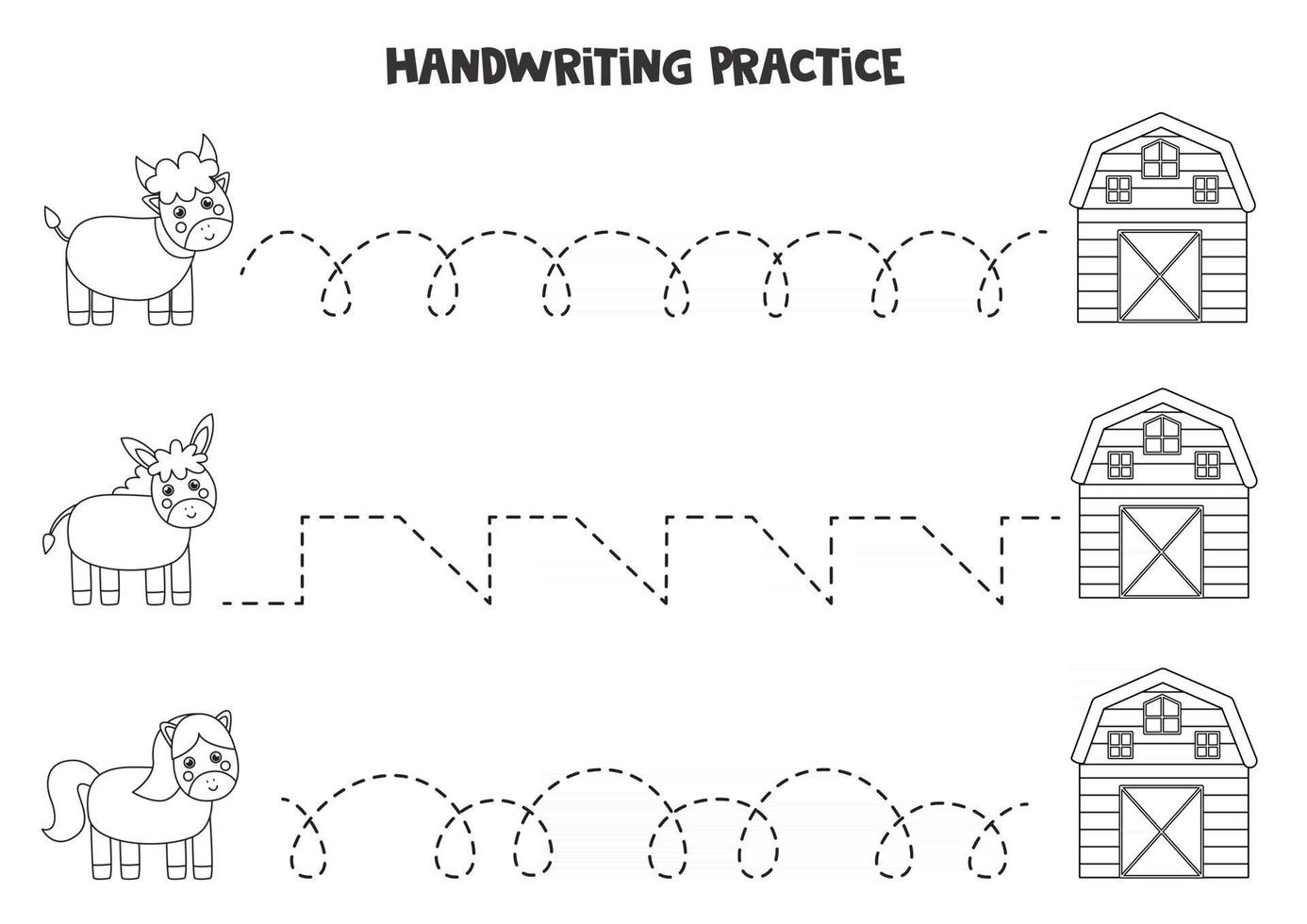 Tracing lines with black and white cute farm animals Writing practice