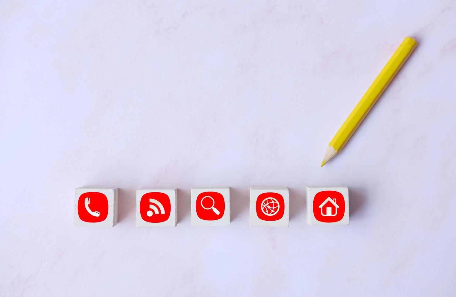 Wood cube box and business icons on white background for marketing plan and business concept photo