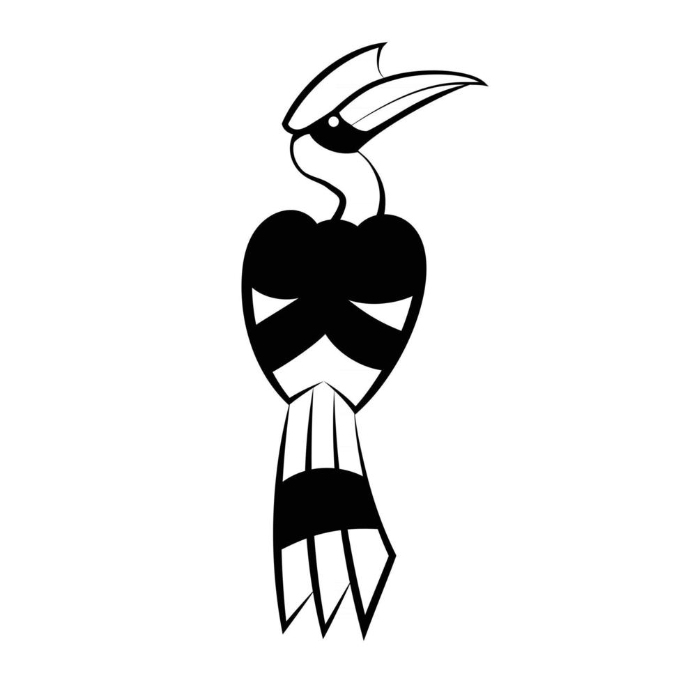 black and white vector logo of hornbill that is hanging on a branch It is back view