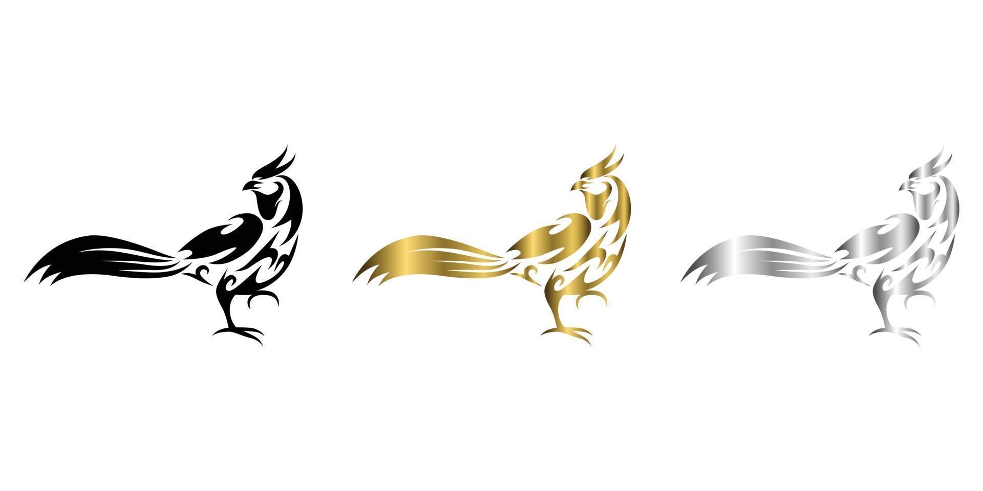 three color black gold silver Line art vector illustration of pheasant that is walking