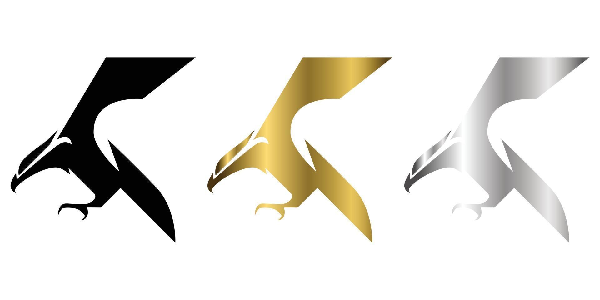 three color black gold silver vector logo of eagle that is flying