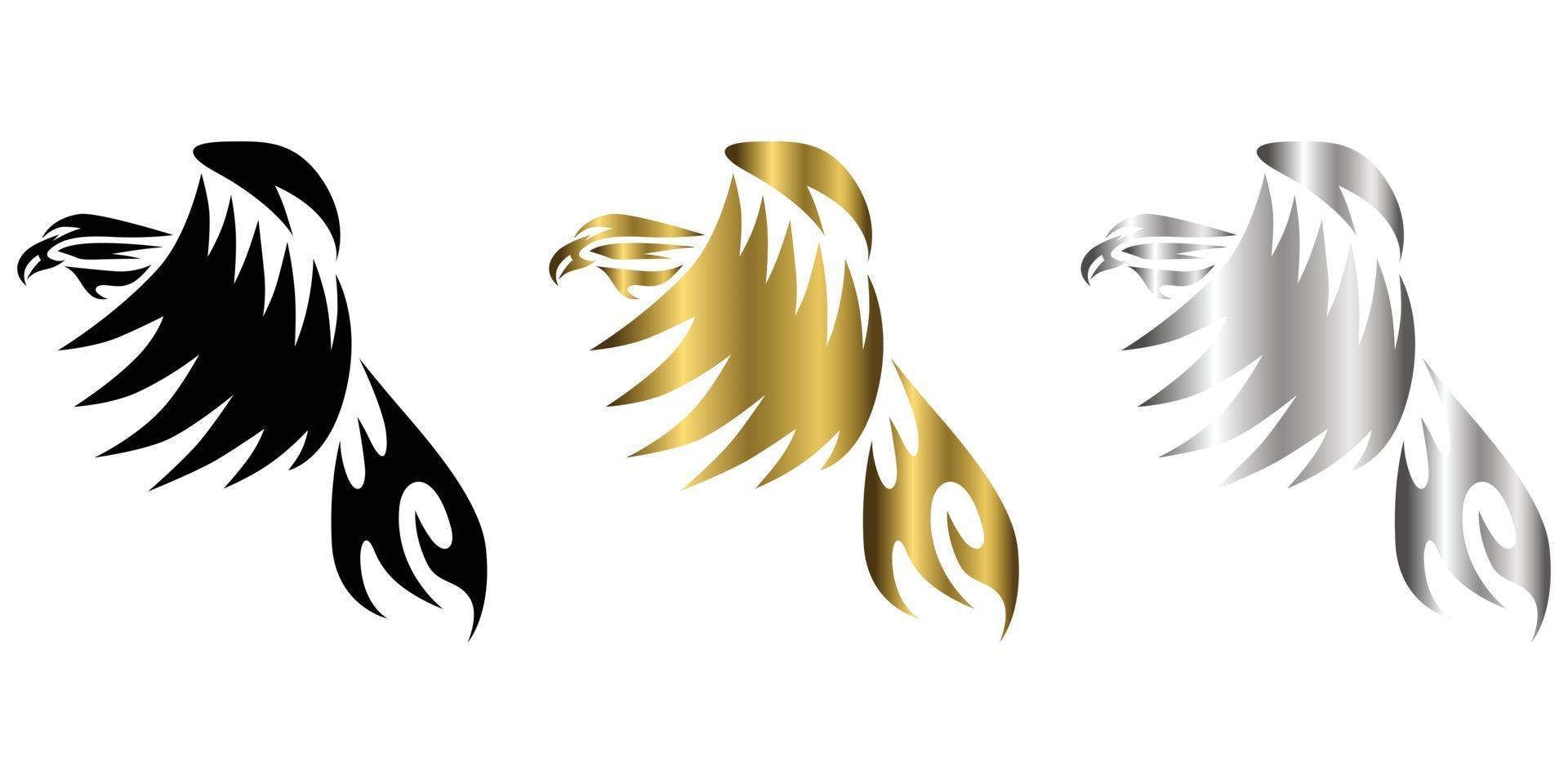 three color black gold silver vector symbol of eagle that is flying