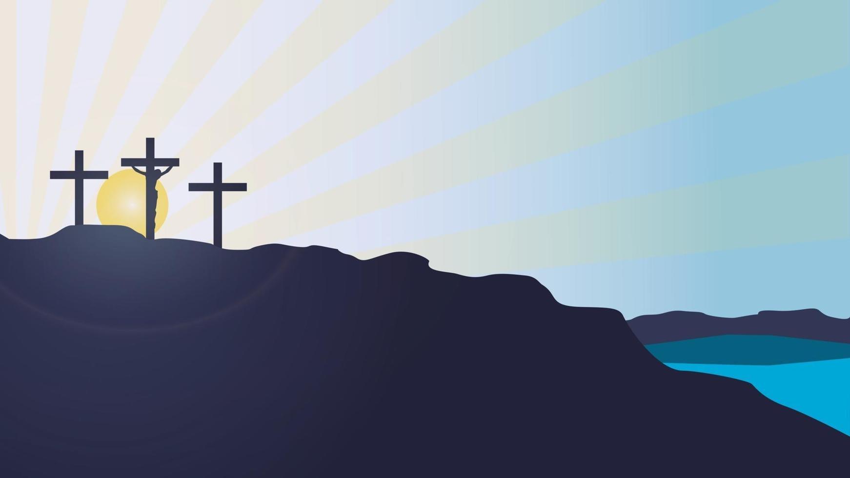 Calvary mountain sunset vector background with silhouette of Christ