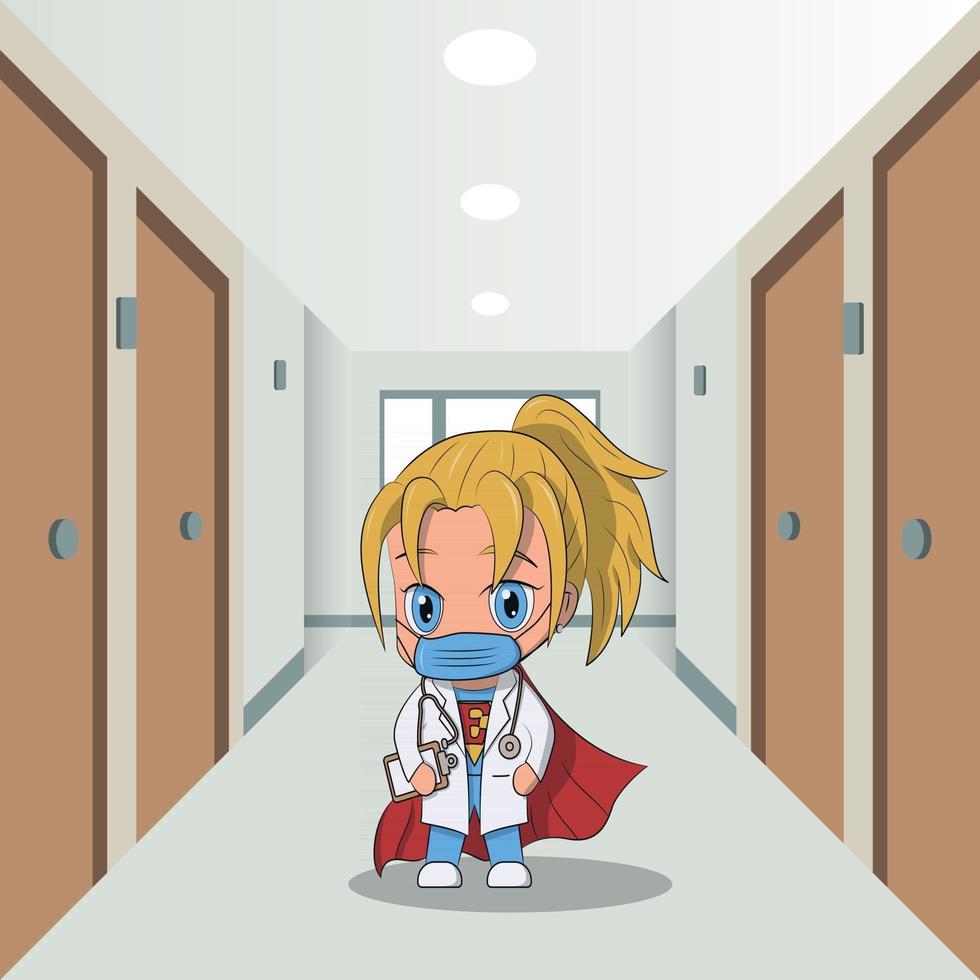 Chibi kawaii nurse or doctor character. Hospital corridor in the background vector