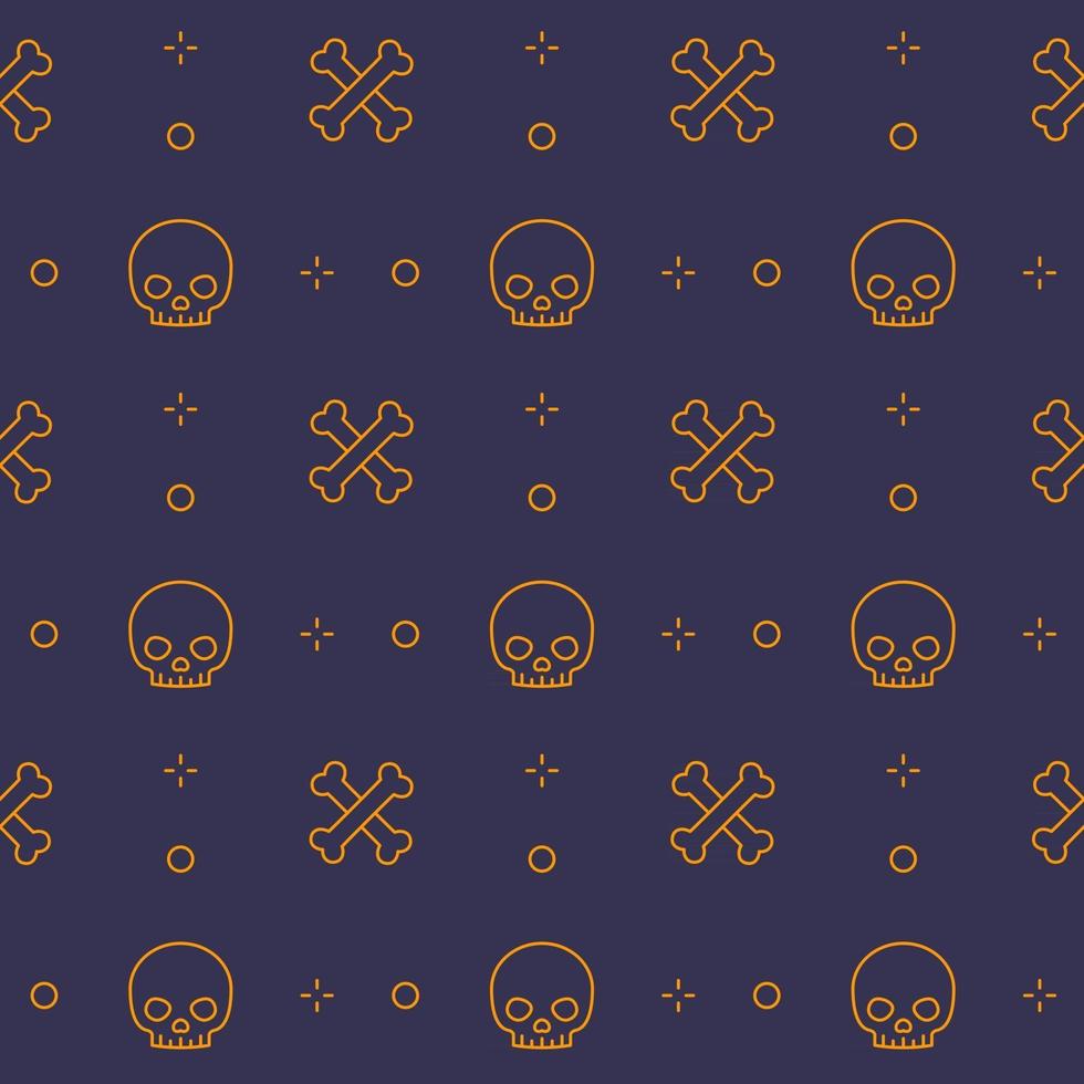 pattern with skull and bones, line design, dark seamless halloween vector background