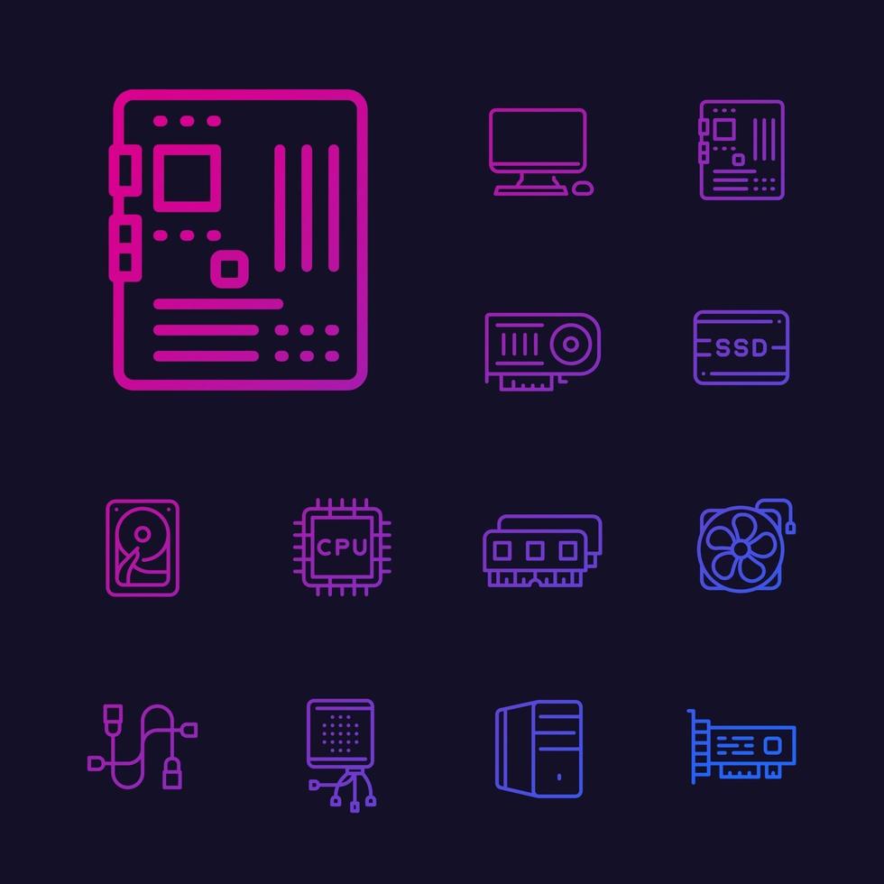computer components icons set, motherboard, processor, RAM, HDD, SSD, video card, line vector