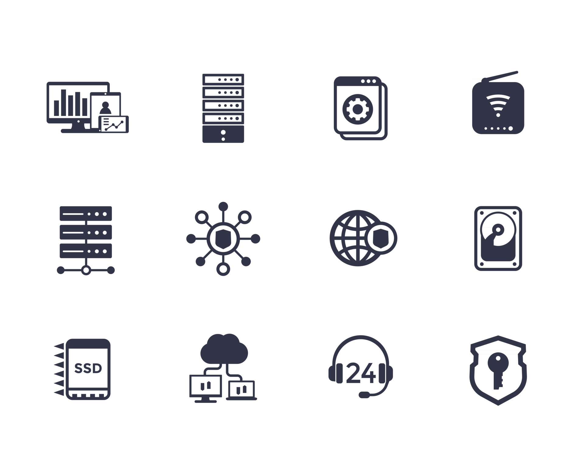 Hosting, servers, network infrastructure, data storage vector icons on
