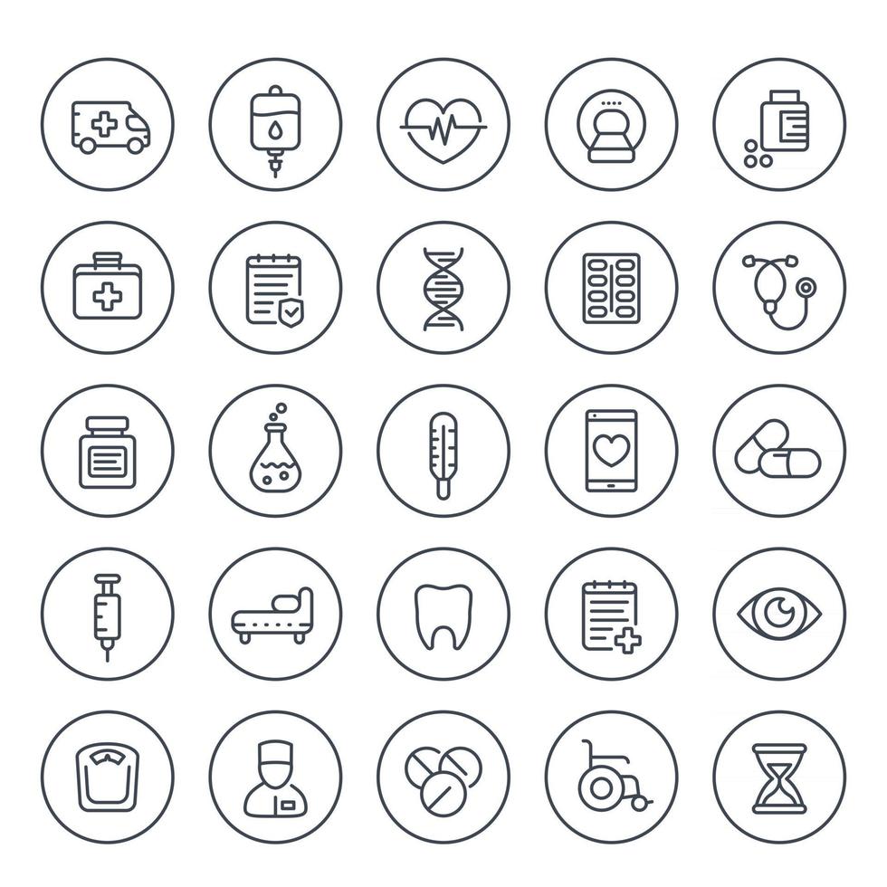 medicine, healthcare icons set on white, pharmaceutics, pills, ambulance, mri scan, iv bag, wheelchair, linear style vector