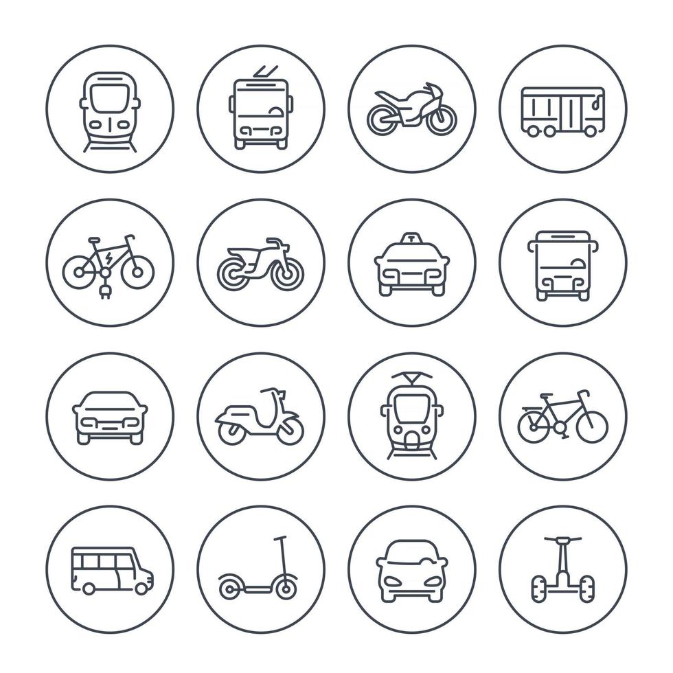 iconos de transporte de la ciudad en blanco, furgoneta de tránsito, taxi, autobús, taxi, tren, bicicletas, scooters, estilo lineal vector