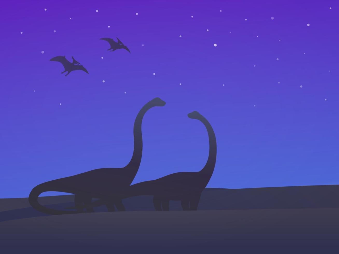 dinosaurios, saurópodos y pterodáctilos en la ilustración de vector de noche