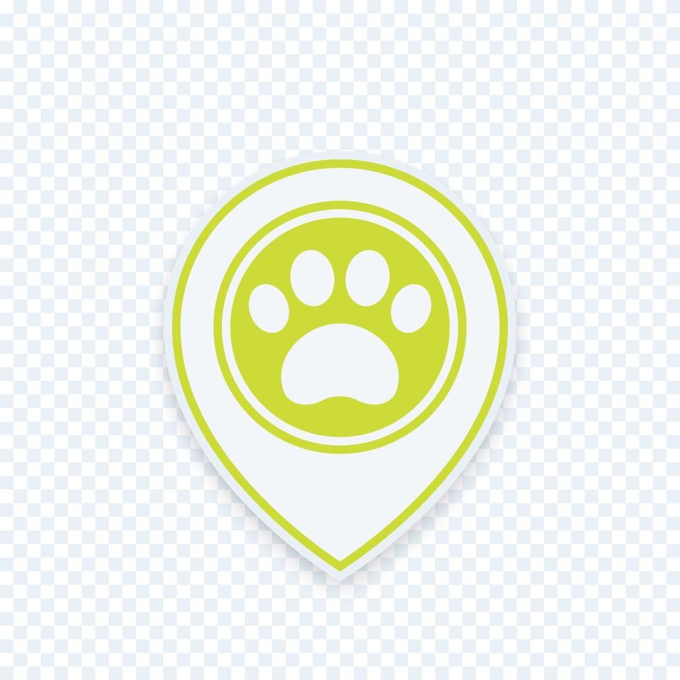 Pata y marca de ubicación, signo de tienda de mascotas, icono de vector