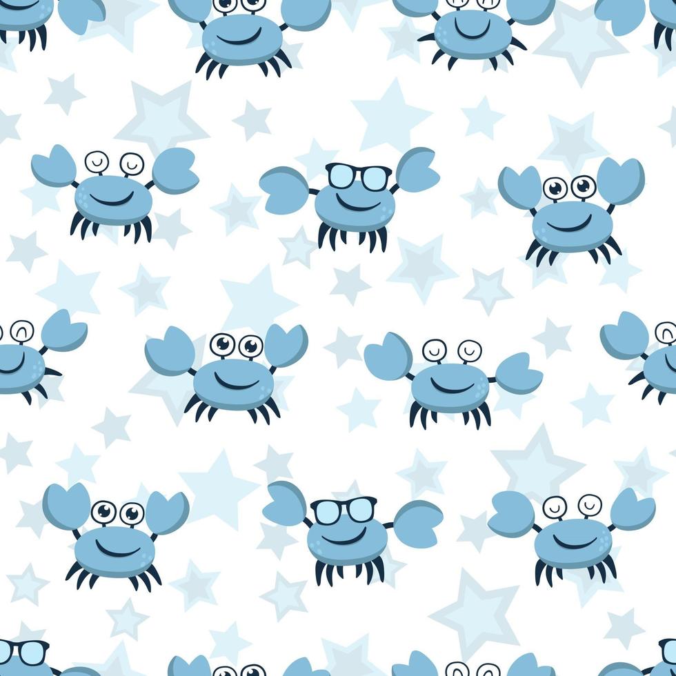 Seamless pattern with funny smiling crab and stars vector