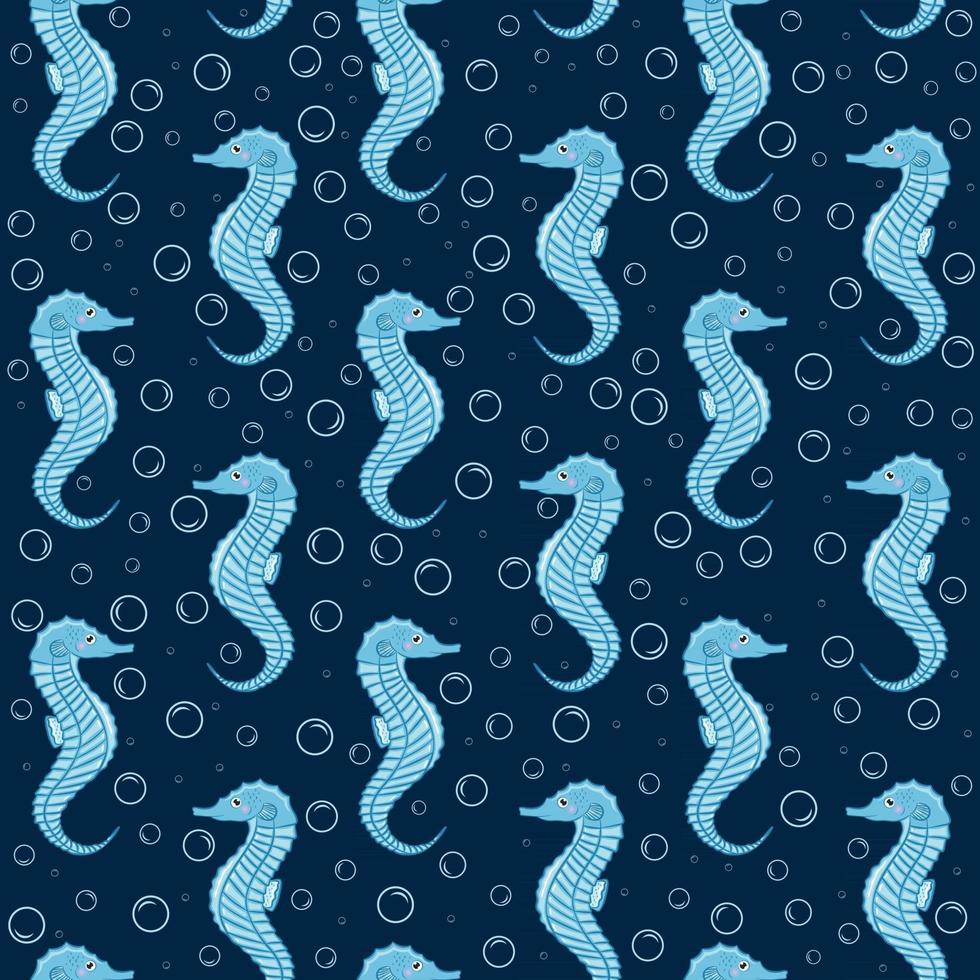 Cute cartoon seahorse seamless print Seahorse and bubbles on a  dark blue background vector illustration