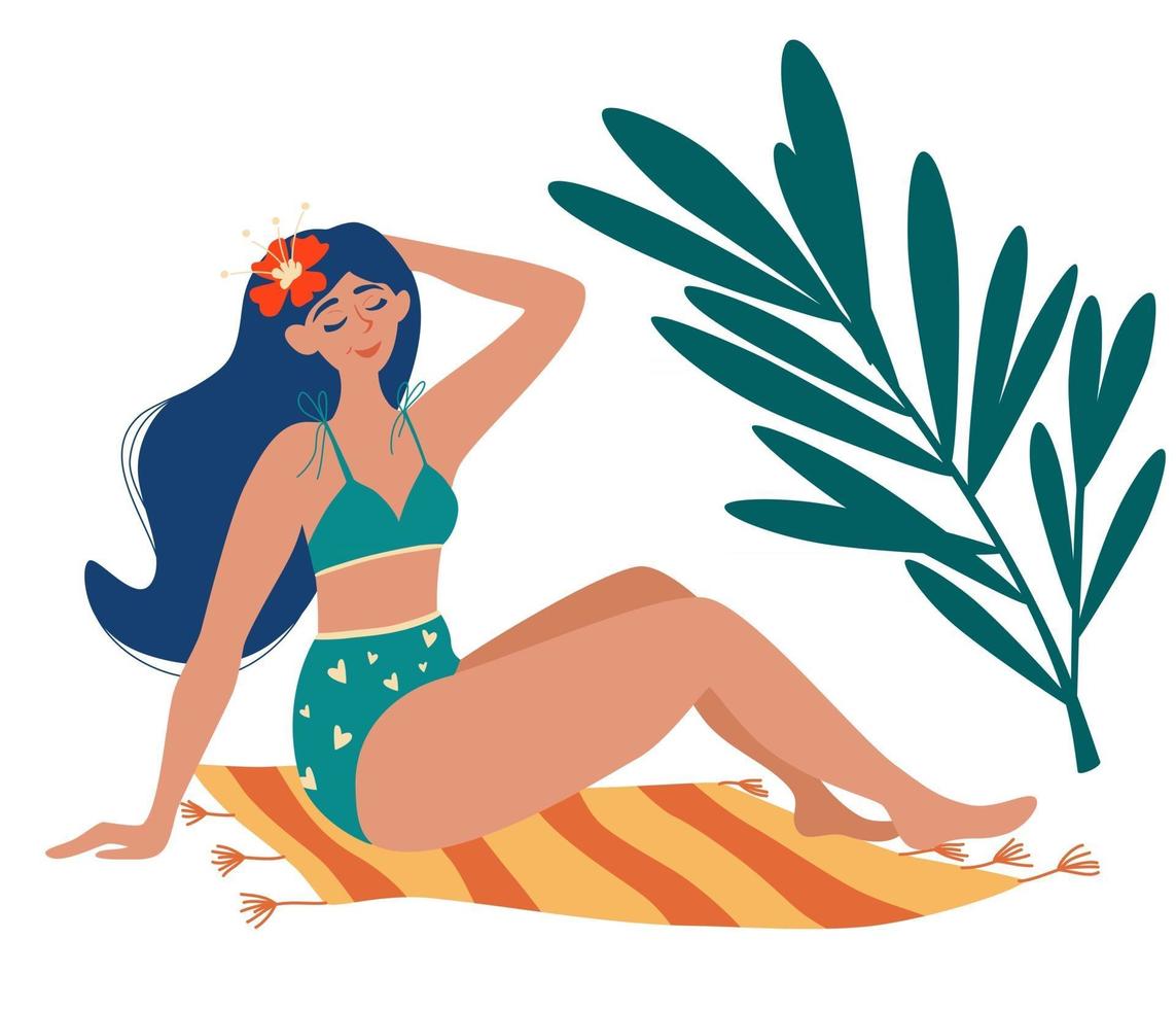 Beautiful girl in a swimsuit sunbathing on the mat. Palm trees. Summer tan, rest. Woman sunbathes in the sun and enjoys a summer vacation. Vector illustration in cartoon style.