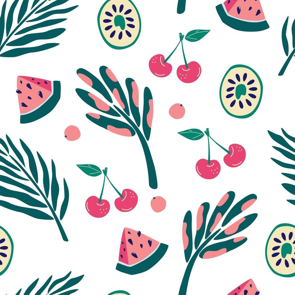 Exotic jungle fruits and plants seamless pattern. Kiwi, watermelon slices, cherries and berries. Contemporary floral seamless pattern. Textile fabric swimwear graphic design for print. Vector