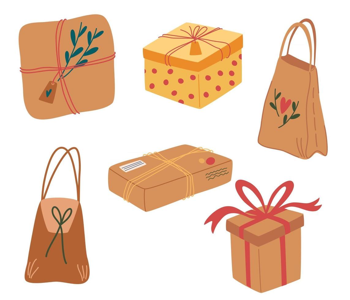 Natural craft paper package collection. Gift box and present packs. Set of eco packages. Boxes, ribbons, branches and other decor elements. No plastic concept. Vector illustration in cartoon style.