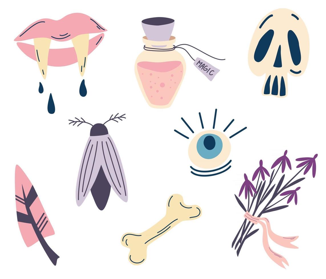 conjunto de elementos mágicos para halloween. elementos místicos y mágicos. el símbolo de la brujería. labios con colmillos de vampiro, calavera, poción, ojo, hueso, polilla, pluma. ilustración vectorial en estilo de dibujos animados. vector