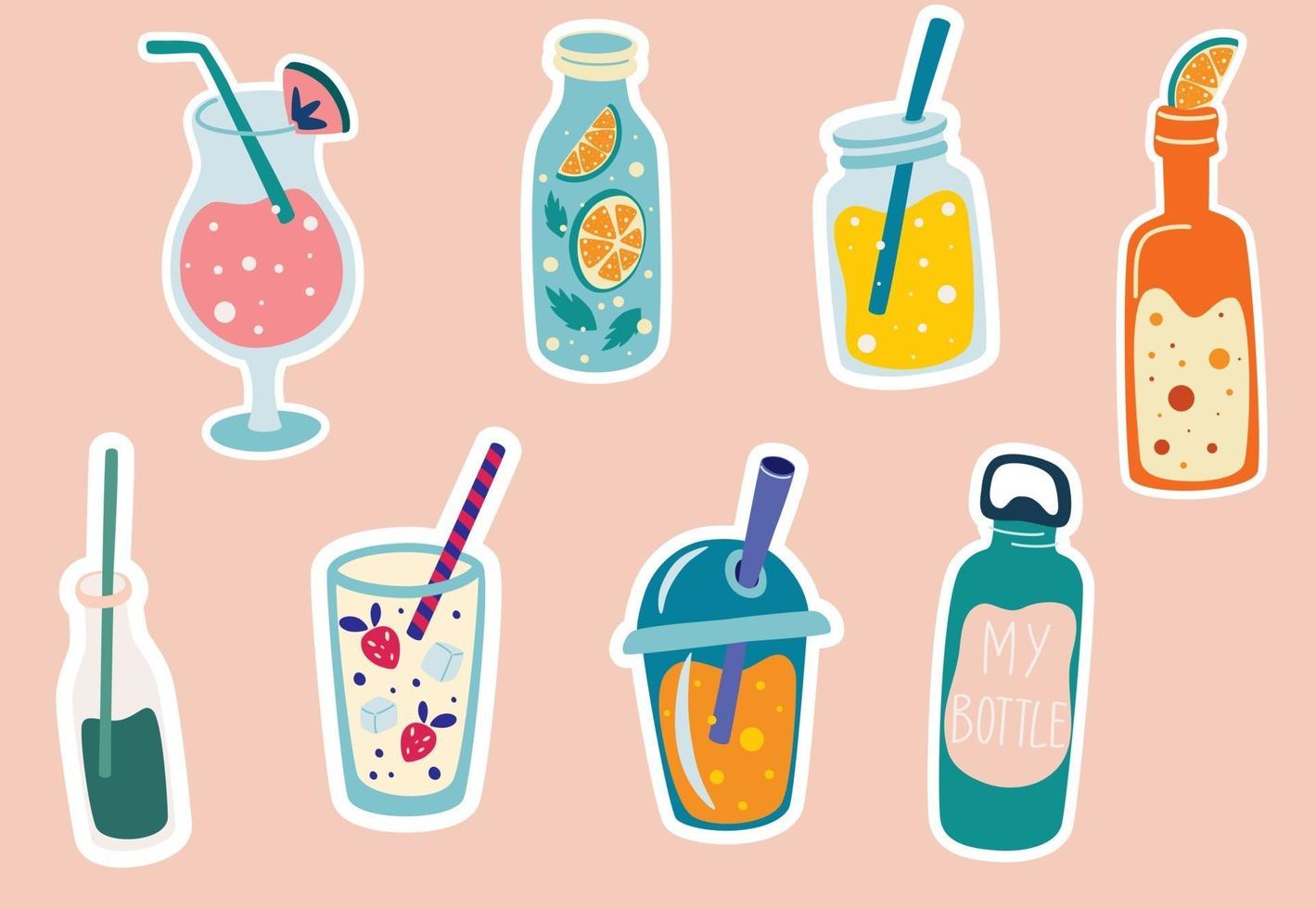 Summer drinks stickers Cocktail lemonade soda smoothies in cute bottles Tropical party elements Summer labels stickers icons logo set Design for cards posters or parties Vector