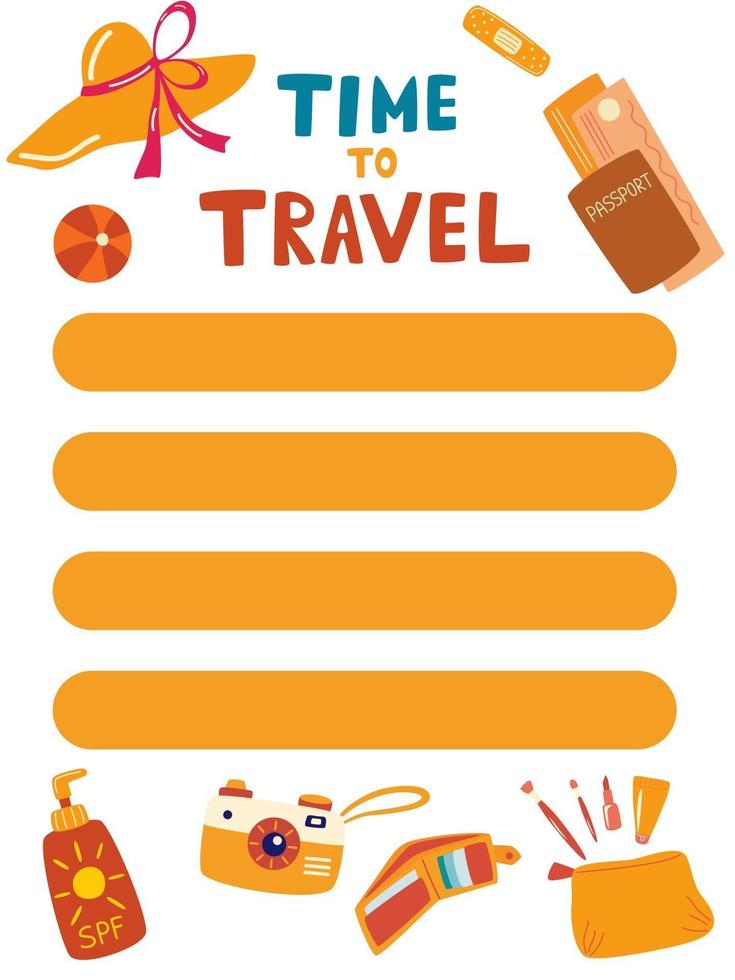 Summer planner template. Time to travel. Good organizer and schedule. List of items or purchases. Summer wish, to do list. Trendy holiday concept. Vector illustration in cartoon style.