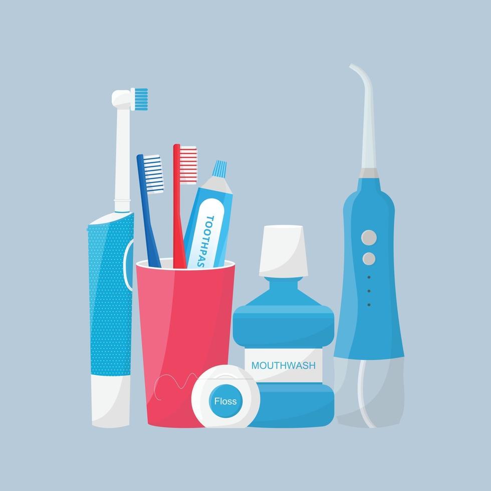 Set of dental cleaning tools Toothbrushes electric toothbrush portable oral irrigator and toothpaste mouthwash dental floss isolated Dental hygiene Flat style vector illustration