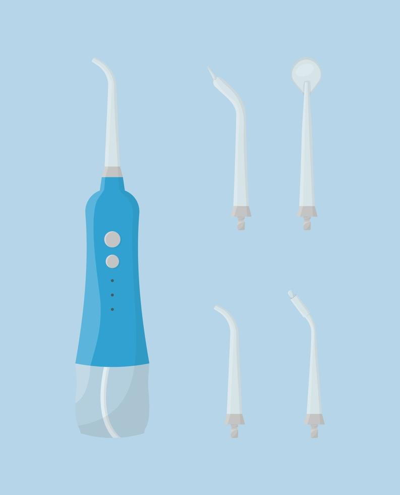 Portable oral irrigator and various attachments for it Flat vector illustration of oral hygiene products and tools for cleaning teeth