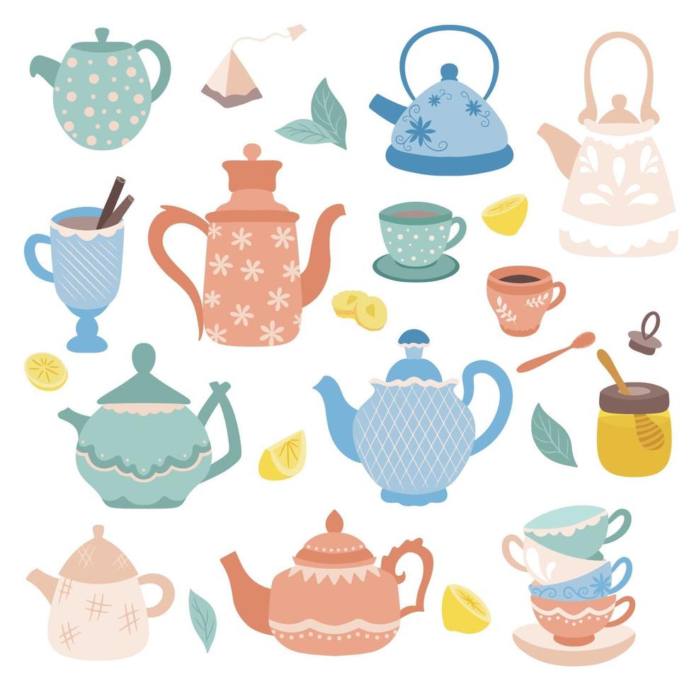 Collection of tea time elements Vector tea icons Teapots cups cupcakes and sweets honey lemon isolated on white background Design elements