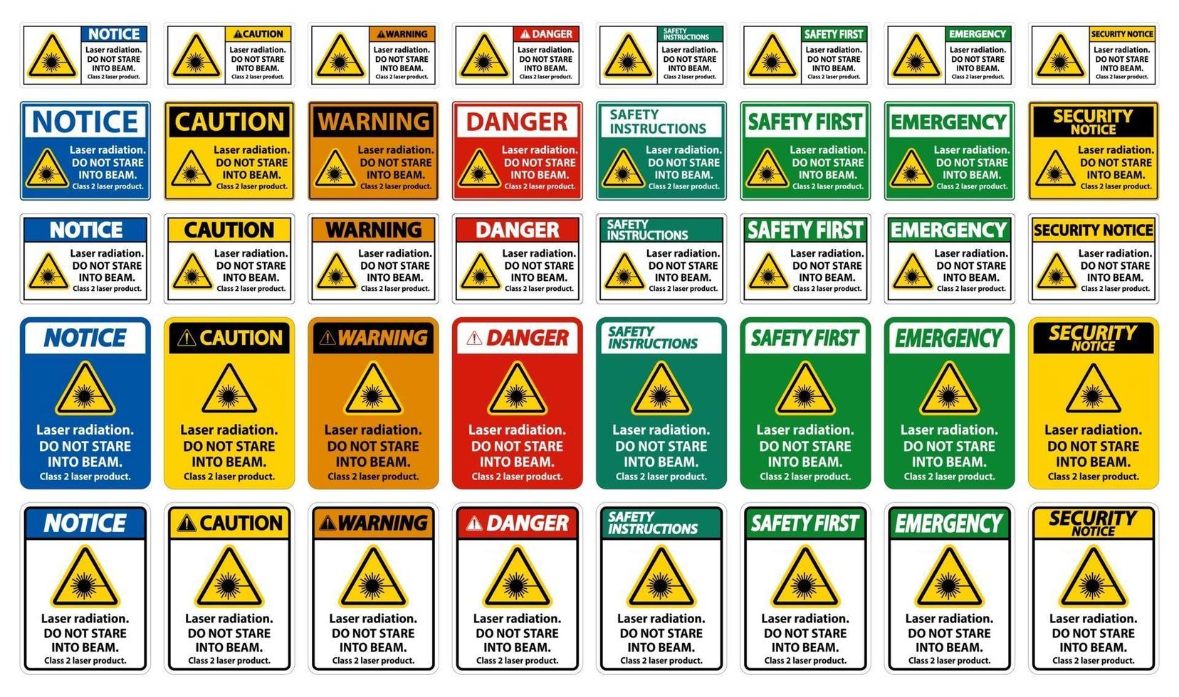 Radiación láser, no mire fijamente al rayo, signo de producto láser de clase 2 sobre fondo blanco. vector