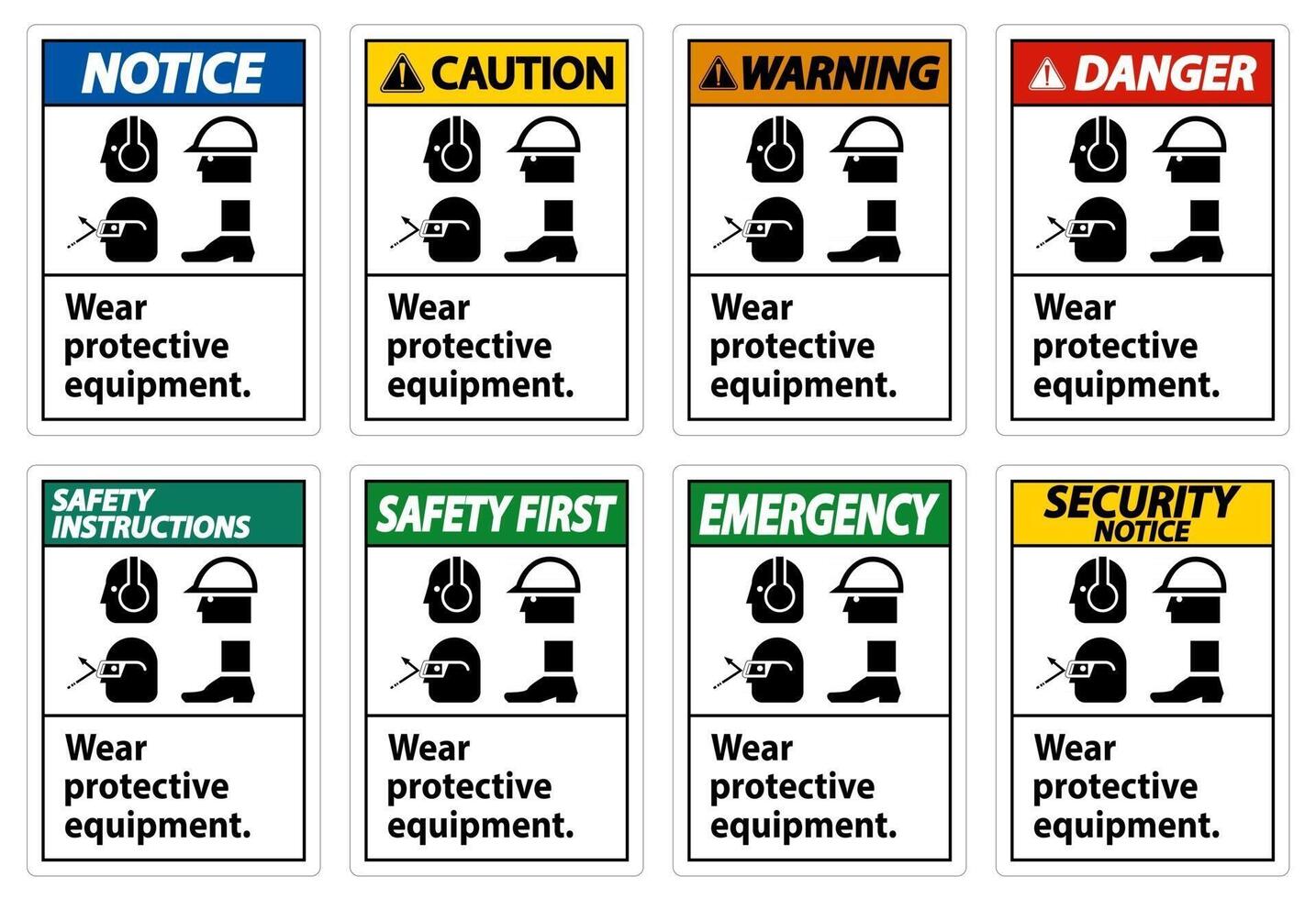 Use equipo de protección con símbolos de ppe sobre fondo blanco. vector