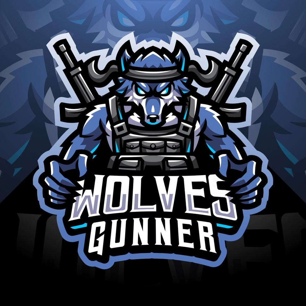 diseño del logotipo de la mascota del esport del artillero de los lobos vector