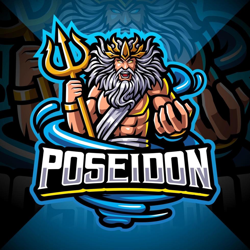 Poseidon esport mascot logo design with trident weapon vector