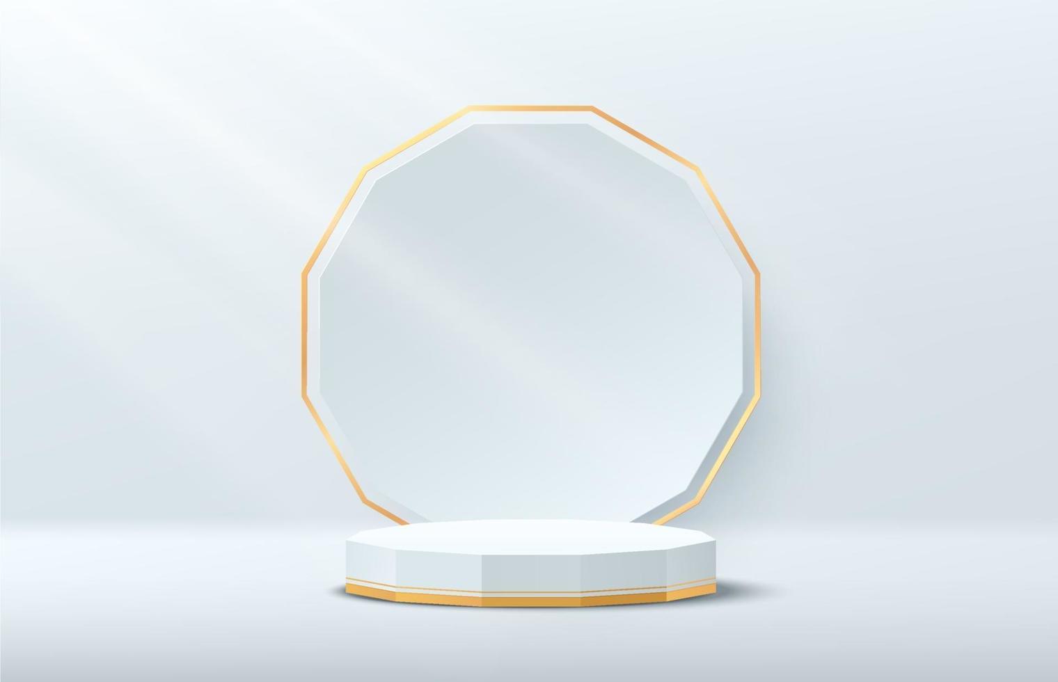 Modern white octagon pedestal podium. Silver color minimal wall scene with golden and white octagon shape backdrop. Vector rendering 3d shape, Product display presentation. Abstract room design.