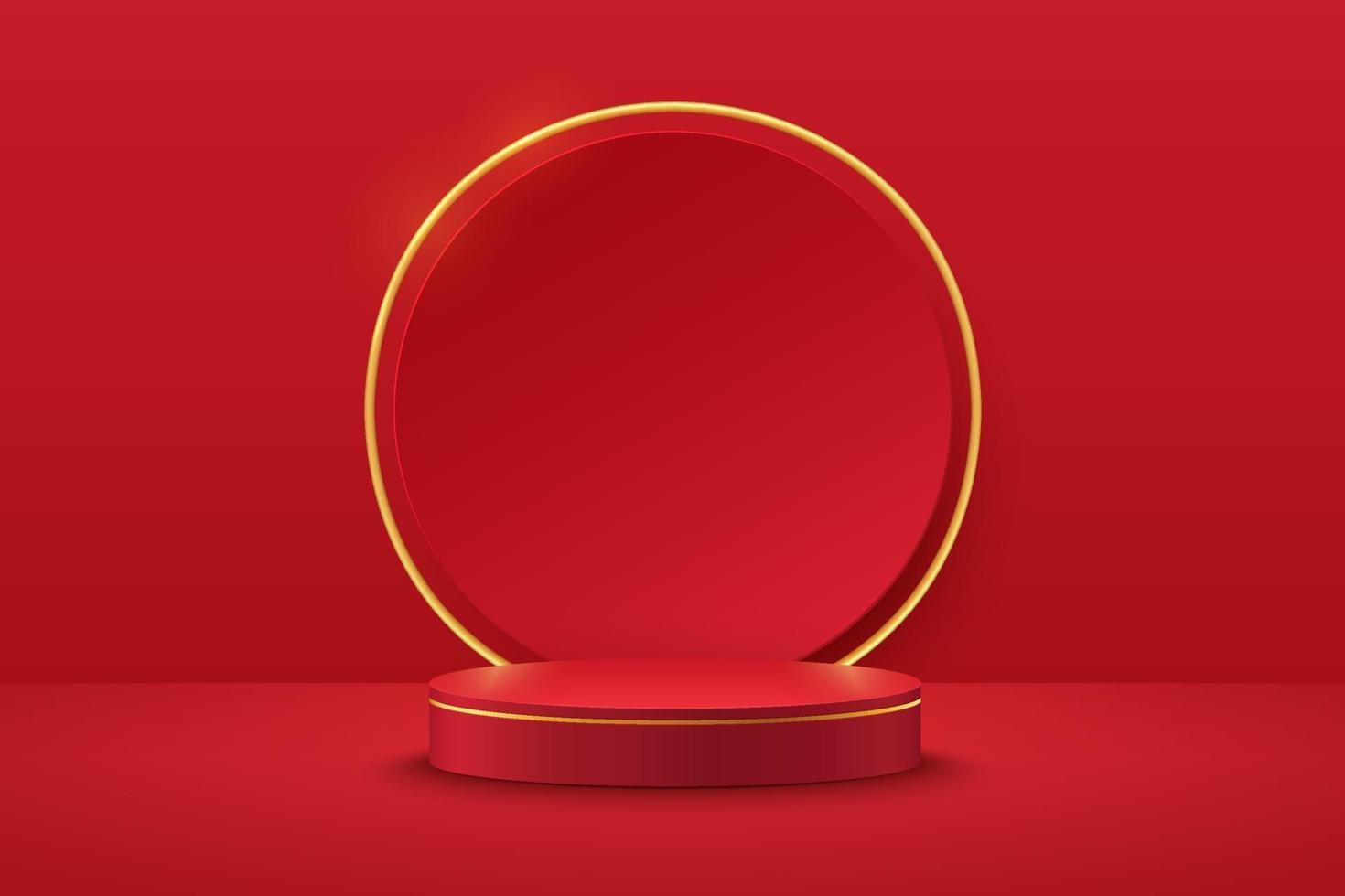 Modern red and gold cylinder pedestal podium. Red color minimal wall scene, Shiny golden circle backdrop. Vector rendering 3d shape, Product display presentation. Geometric platform. Abstract room.