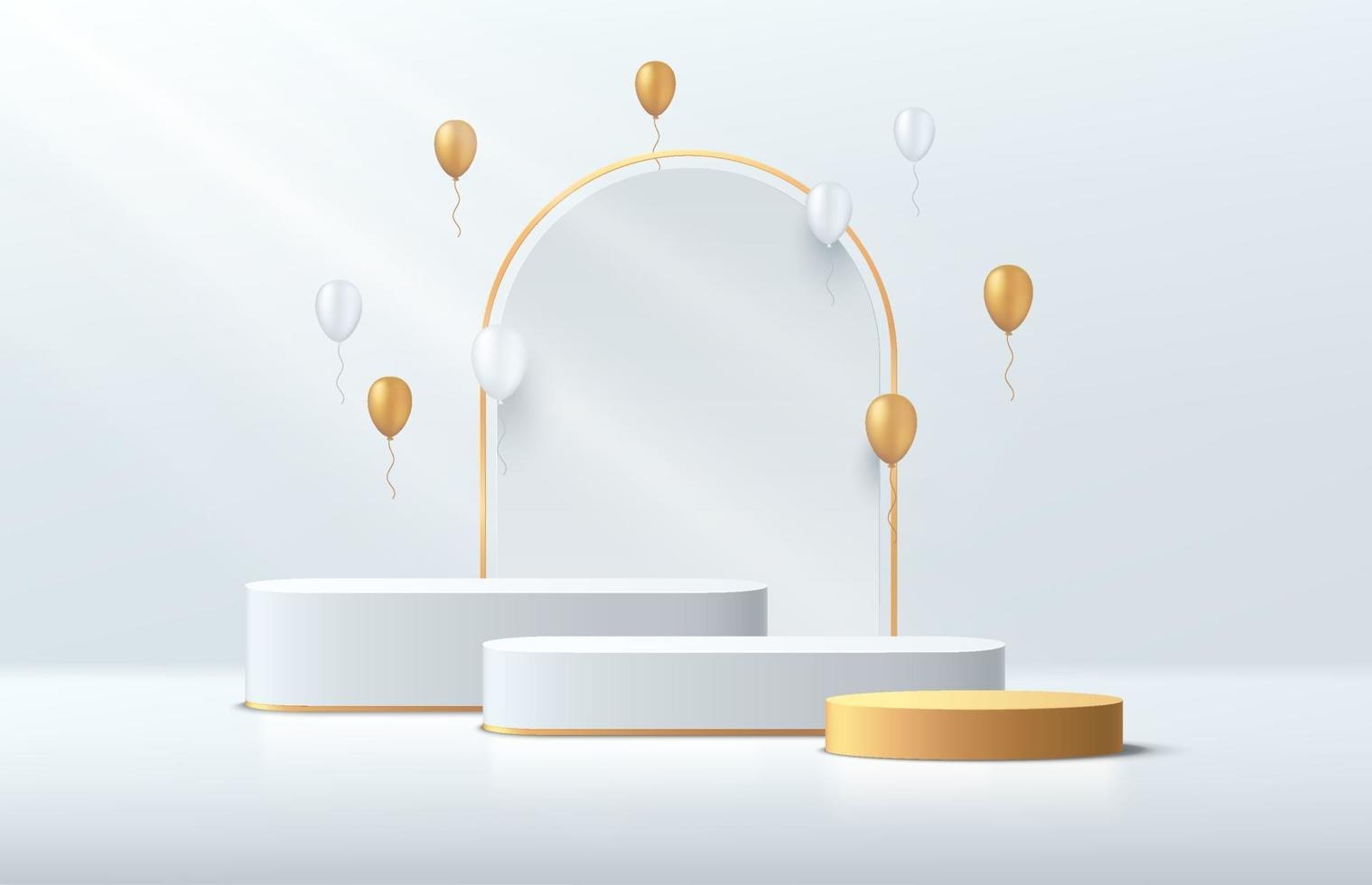 Modern white and gold cube pedestal podium. Silver color minimal wall scene with geometric backdrop. White balloon decorate. Vector rendering 3d shape, Product display presentation. Abstract room.