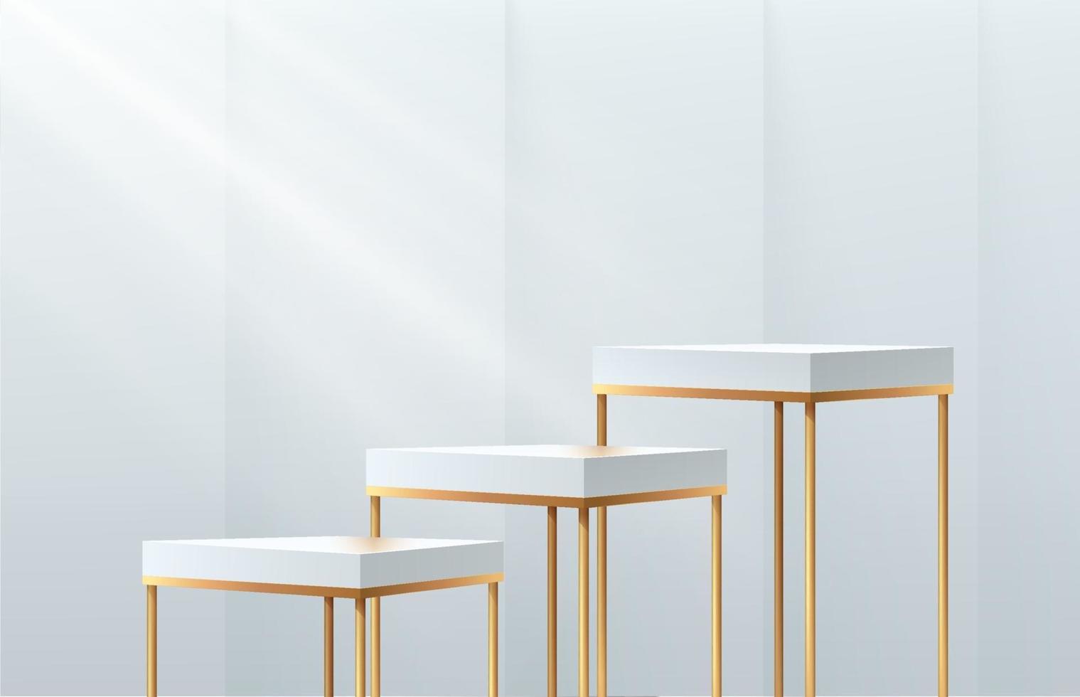 Luxury white, gold step cube pedestal podiums. Silver color minimal wall scene with window lighting. Geometric platforms. Vector rendering 3d shapes, product display presentation. Abstract room design