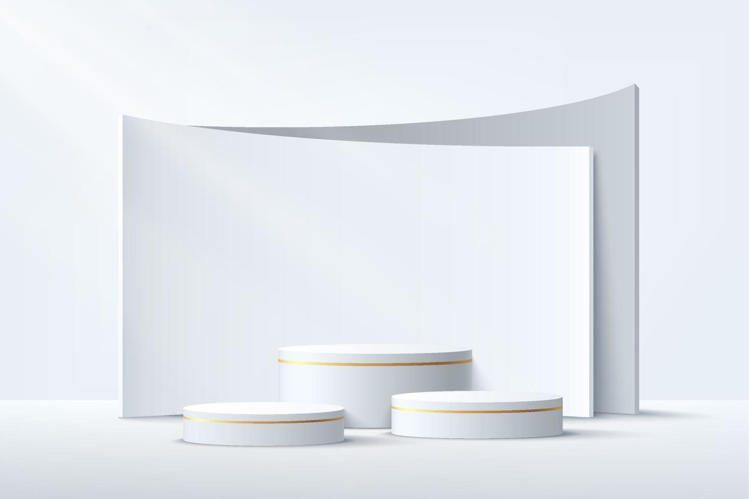 Modern white and gold cylinder steps pedestal podium. White and gray color minimal wall scene with geometric backdrop. Vector rendering 3d shape, Product display presentation. Abstract room concept.