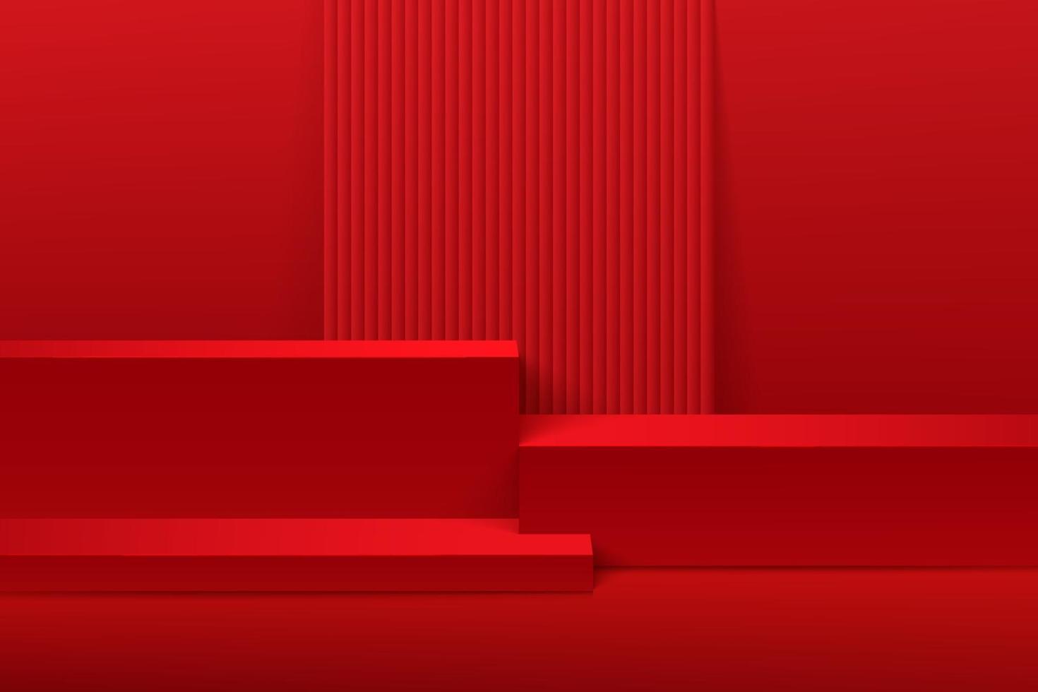 Modern red cube shape steps pedestal podium. Red minimal wall scene with vertical line texture in shadow. Vector rendering 3d shape, Product display presentation. Abstract room. Platform design.