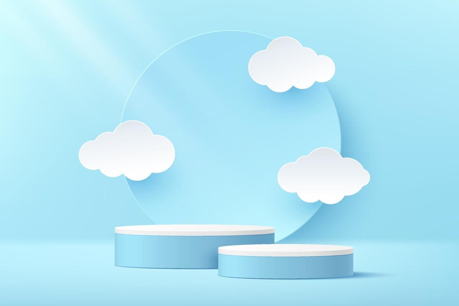 Modern white and blue color cylinder steps pedestal podium. Circle backdrop and white cloud shape in paper cut style. Vector rendering 3d shape for products display presentation. Abstract pastel room.