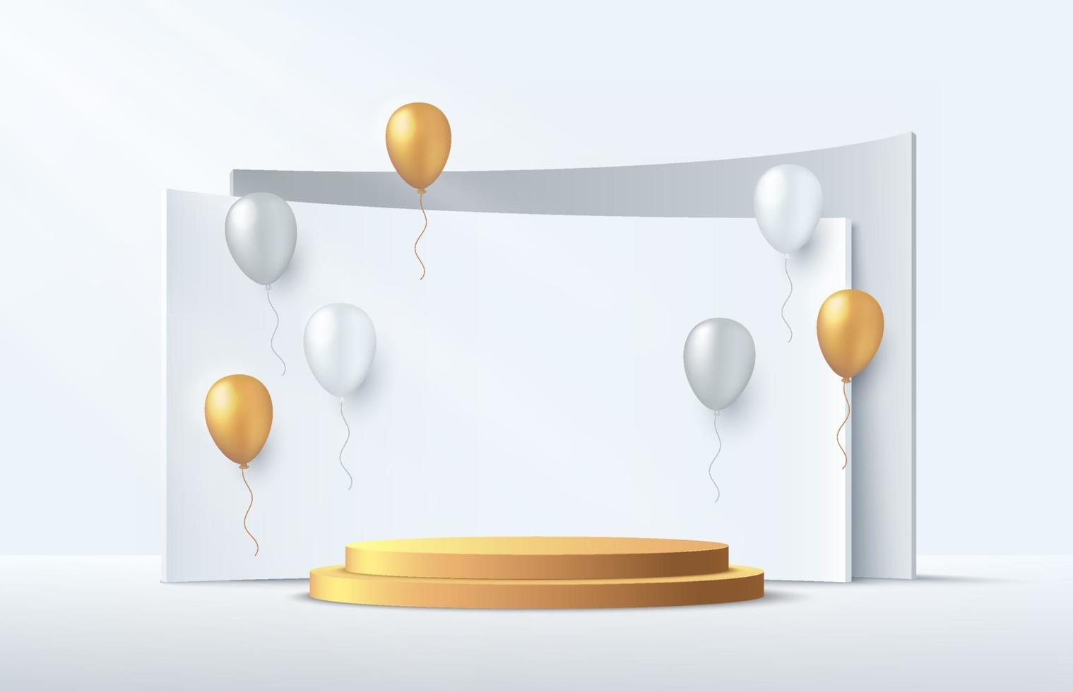 podio de pedestal de cilindro de oro de lujo moderno. Escena de pared mínima blanca con fondo geométrico. Globo blanco y dorado decorar. Representación vectorial de forma 3d, presentación de exhibición de productos. sala abstracta. vector