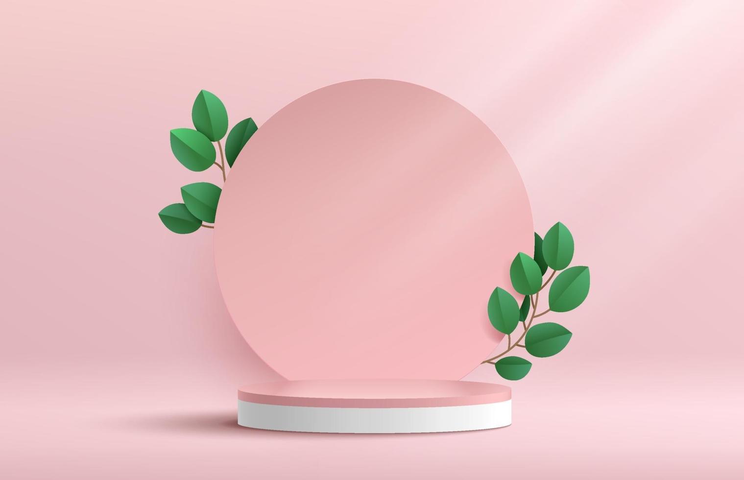 Modern white and pink cylinder pedestal podium. Pink pastel circle backdrop with green leaf decoration. Vector rendering 3d shape for product display presentation. Minimal wall scene. Abstract studio room.