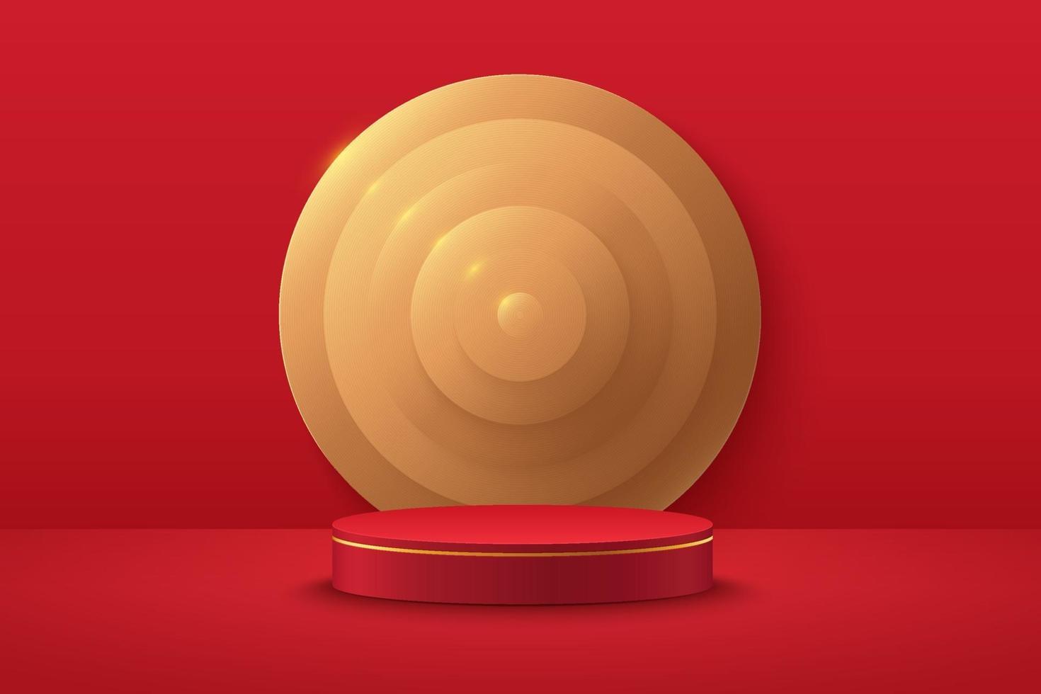Modern red and gold cylinder pedestal podium. Red color minimal wall scene, Shiny golden circle backdrop. Vector rendering 3d shape, Product display presentation. Geometric platform. Abstract room.
