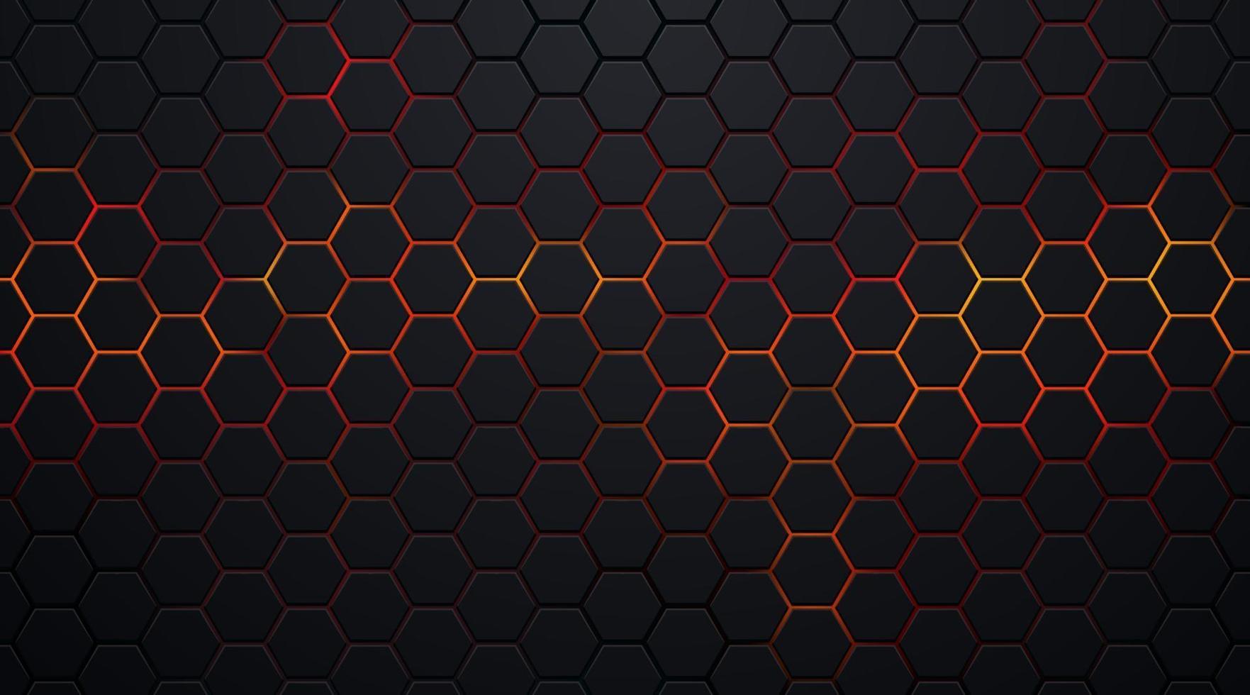 Dark black hexagon pattern on red, orange neon abstract background in technology style. Modern futuristic geometric shape web banner design. You can use for cover template, poster. Vector illustration