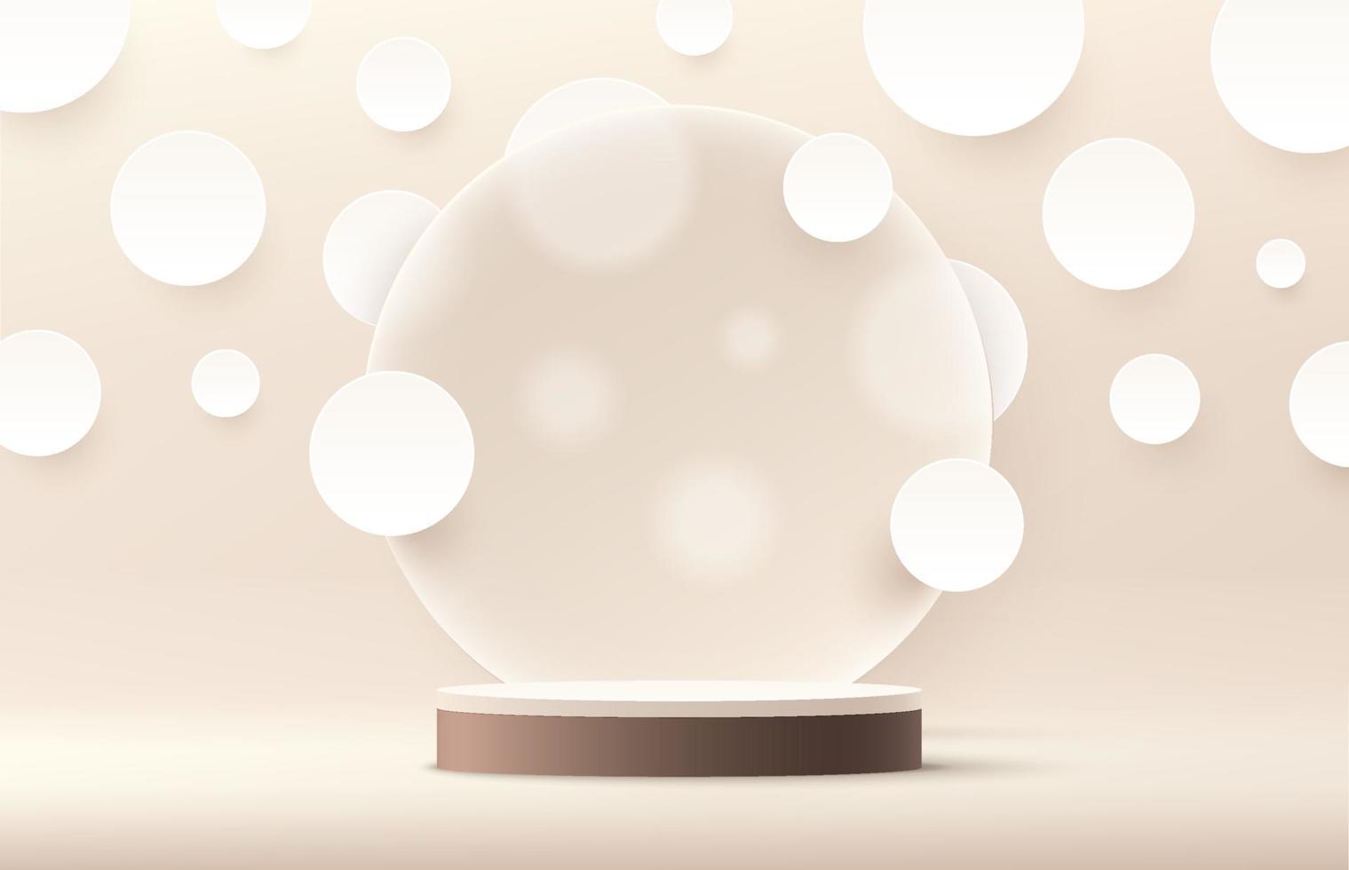 podio moderno de pedestal cilíndrico blanco y marrón. círculo de fondo de color beige y lunares blancos en estilo de corte de papel. Representación vectorial Forma 3d para presentación de productos. escena minimalista abstracta vector